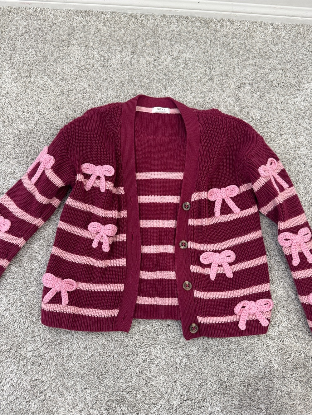 next Wine and Pink Striped Bow-Appliqué Cardigan